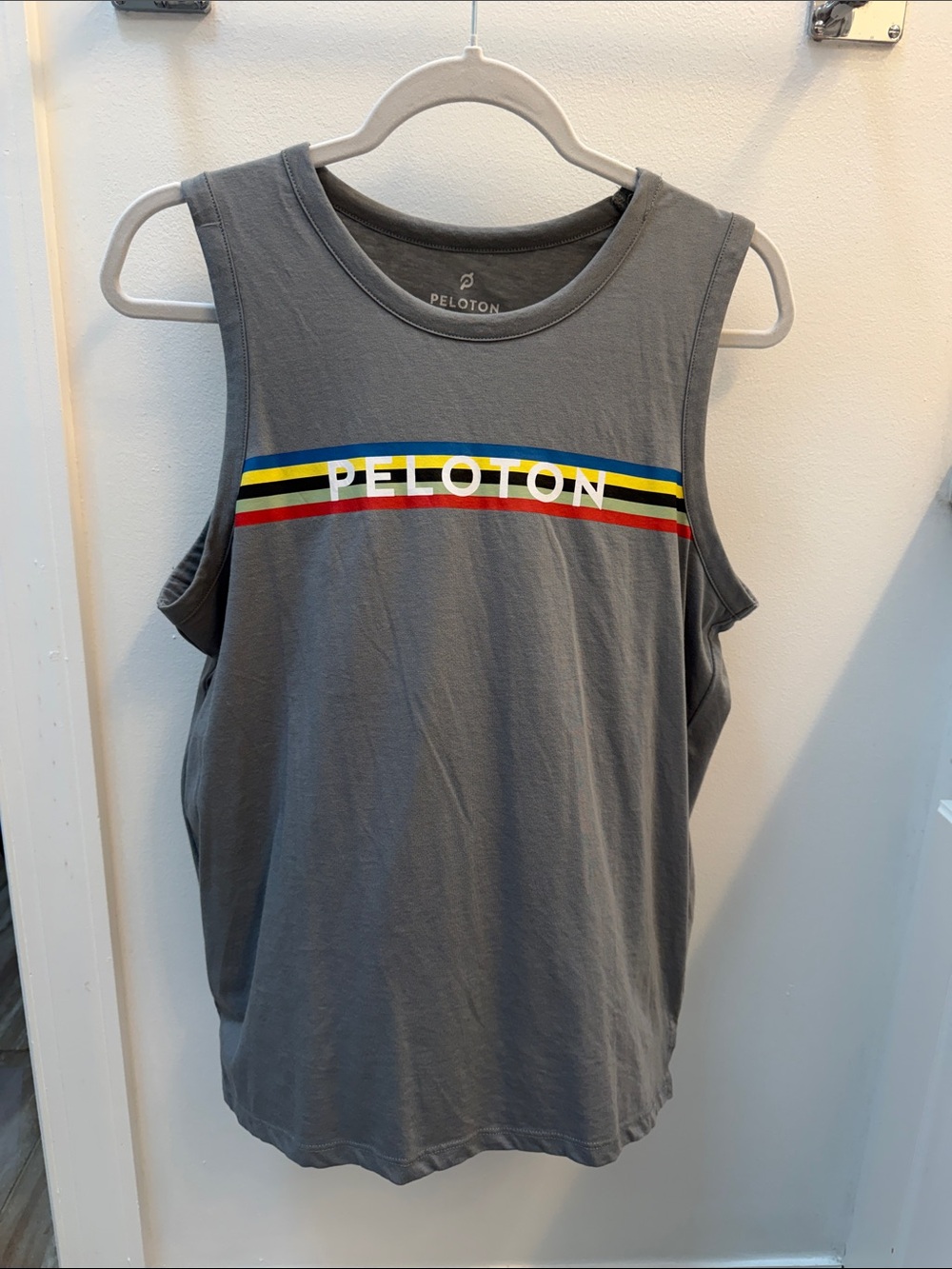 Unisex Peloton Gray Tank with Red, Yellow & Blue Stripes